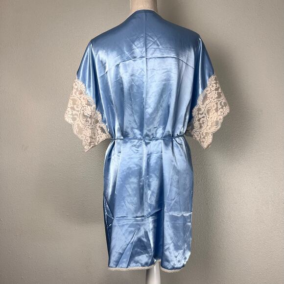 Vintage Wendy Ann Blue Satin Lace Trim Robe Kimono Wrap Dress Loungewear Large - Picture 6 of 8